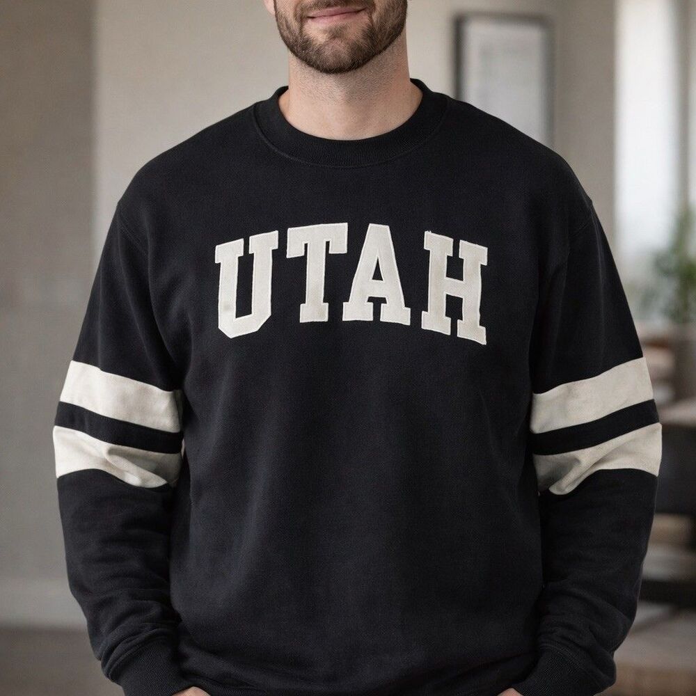 New York Popular Utah Crewneck Pullover Sweatshirt Unisex XL Black Cream Striped